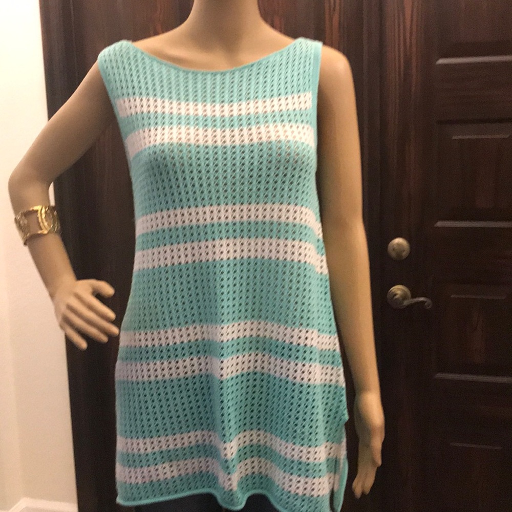 A teal and white striped top, brand new, cotton.